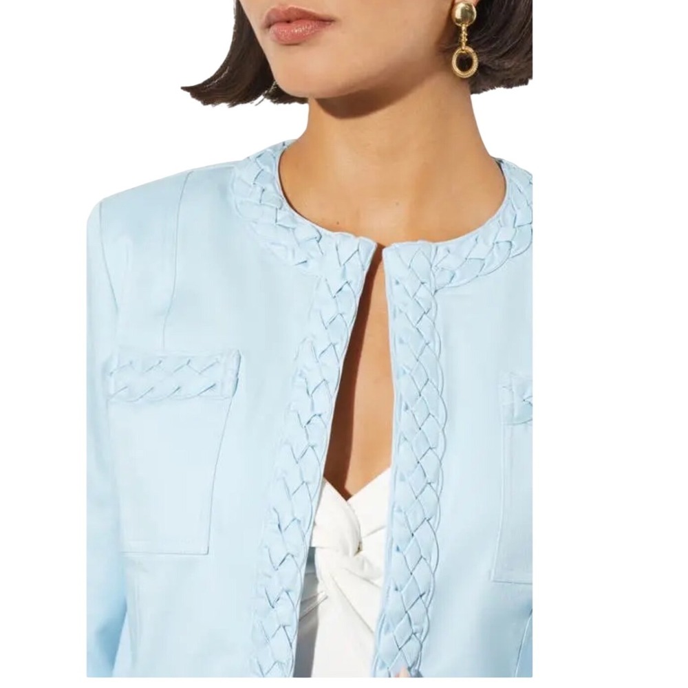 Ming Wang Womens Light Blue Braided Trim‎ Open Front Jacket Size L Professional - Picture 3 of 12